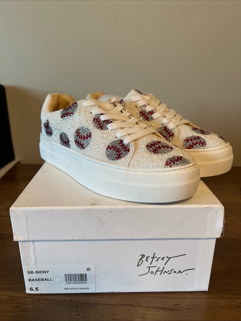 Betsey Johnson SB-Sidny White Baseball Platform Sneakers